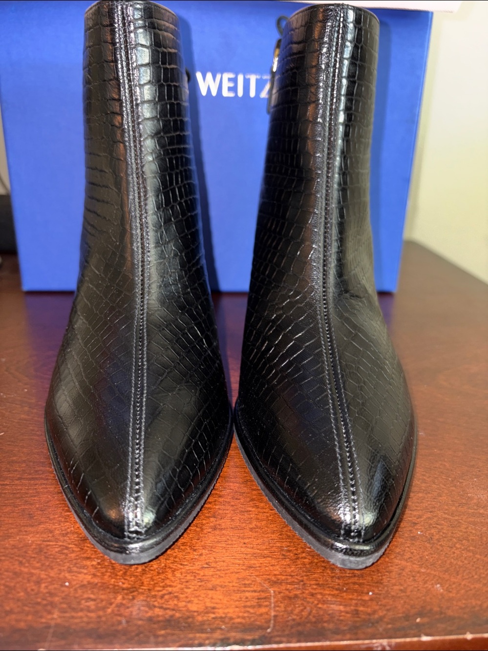 Stuart Weitzman Black Croc-Embossed Leather Gardiner Dress Booties -Size 7.5 NIB - Picture 6 of 16